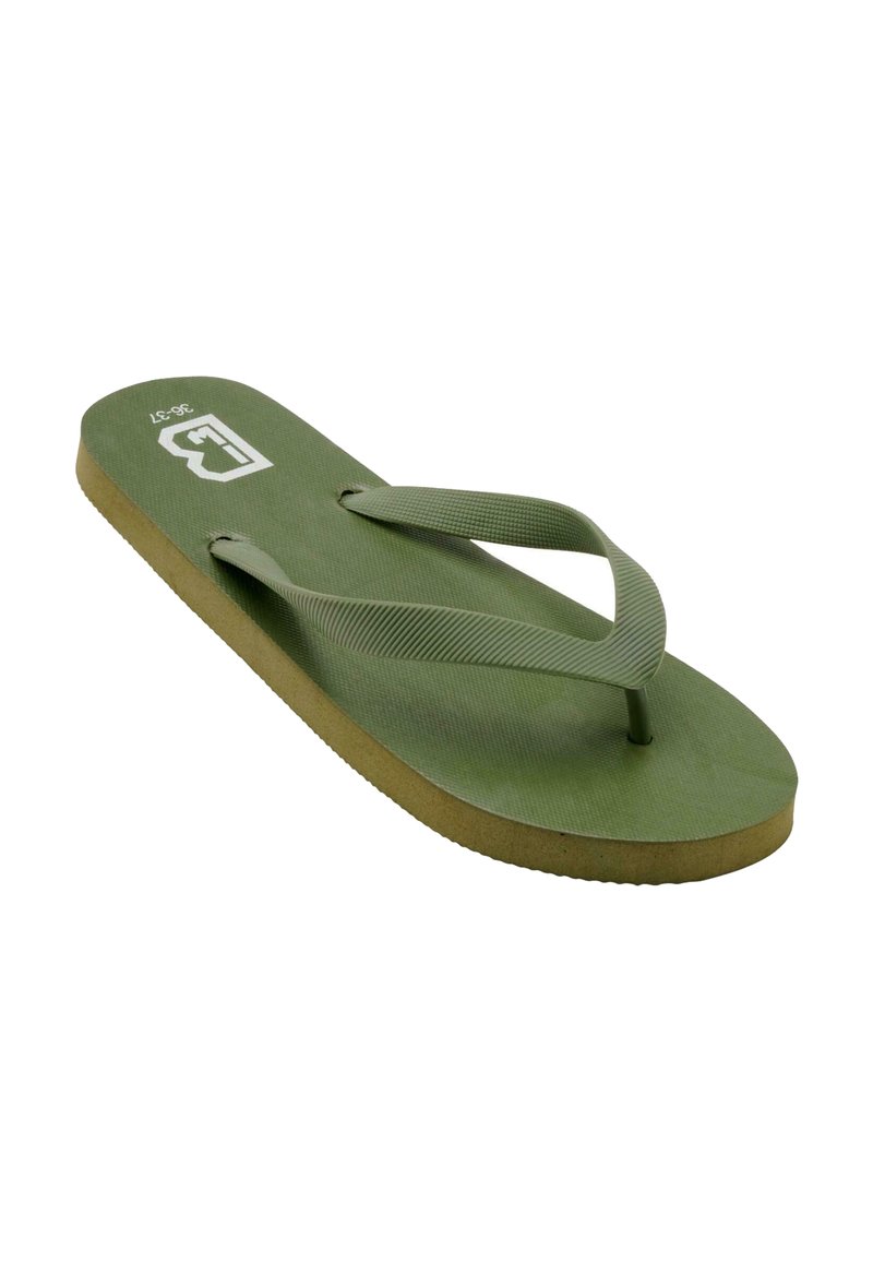 Grønn flip-flop med teksturert såle, gummistropp og buet brun såle. Har logo på toppen; designet er enkelt og funksjonelt.