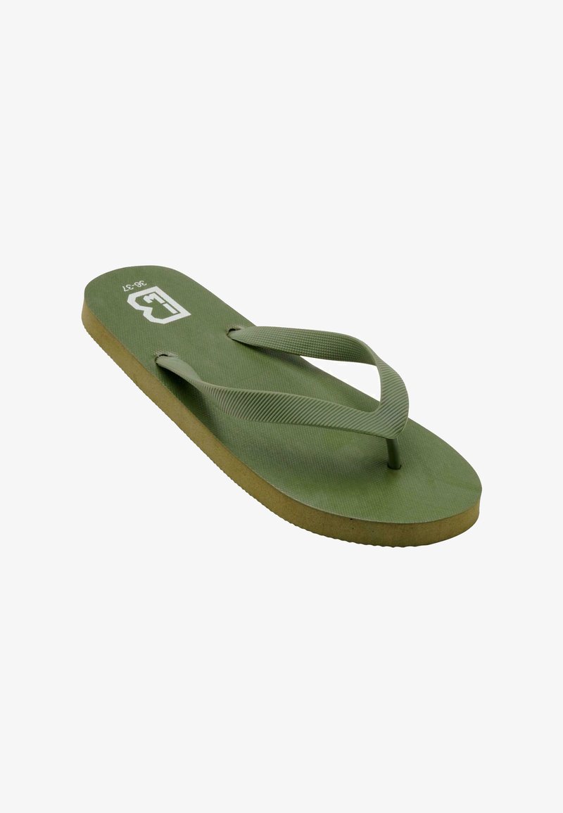 Zaļas čības ar teksturētu soļu daļu, gumijas siksnām un izliekta brūna zole. Augšpusē ir logotips; dizains ir vienkāršs un funkcionāls.
