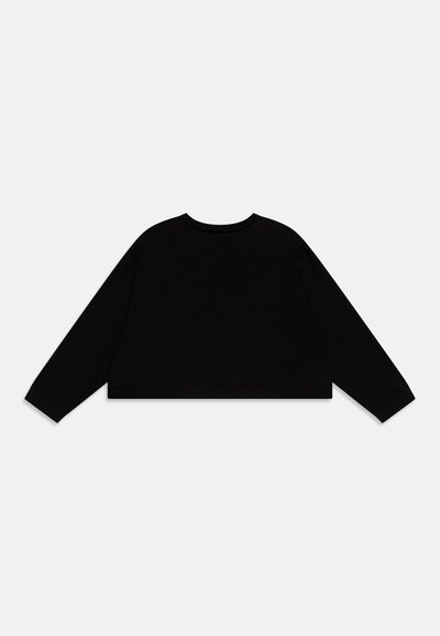 Black cropped long-sleeve top made from soft material. Features a round neck and long sleeves with a clean, minimalist design.