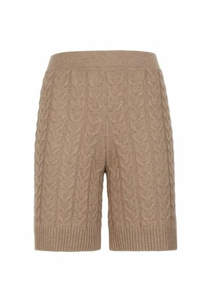 Beige, kabelstrukturierte Shorts mit einem gerippten Bund und Saum, die ein strukturiertes Muster aufweisen. Kurze Länge bis zur Mitte des Oberschenkels.