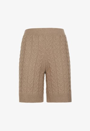 Beige, kabelstrukturierte Shorts mit einem gerippten Bund und Saum, die ein strukturiertes Muster aufweisen. Kurze Länge bis zur Mitte des Oberschenkels.