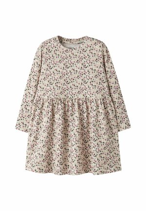 Robe à manches longues pour tout-petit avec taille froncée, fond crème et petit motif floral rose, vert et marron.