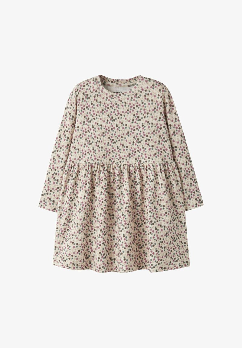 Robe à manches longues pour tout-petit avec taille froncée, fond crème et petit motif floral rose, vert et marron.