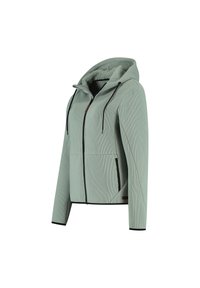 Veste à capuche zippée vert clair avec des cordons de serrage noirs, poches latérales zippées et doublure en polaire douce à l'intérieur de la capuche.