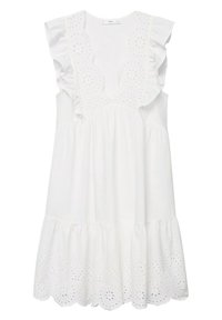 Weißes Baumwollkleid mit Rüschensäumen, Lochstickerei entlang des Ausschnitts und Saums sowie einer gestuften, lockeren Silhouette.