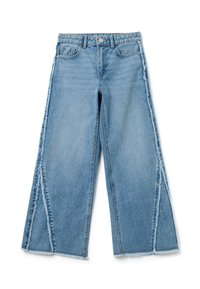 Jeans de pierna ancha en denim azul claro con costuras laterales deshilachadas y una cintura alta. La tela es suave, con una textura lisa.