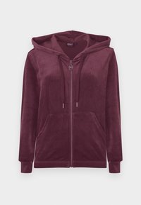 Bordeaux zip-hoodie gemaakt van zachte, pluizige stof. Beschikt over een capuchon, steekzakken en koorden. Soepele textuur met een comfortabele pasvorm.