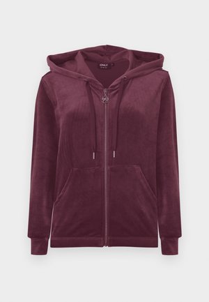 Felpa borgogna con zip realizzata in morbido tessuto peloso. Presenta un cappuccio, tasche frontali e cordini. Texture liscia con una vestibilità comoda.