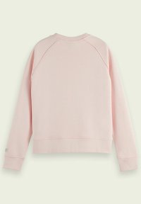 Felpa in pile rosa con maniche lunghe a raglan, scollo rotondo, polsini e orlo a coste. Texture morbida, senza motivi o dettagli visibili.