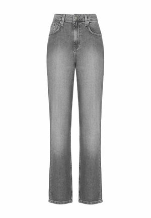 Grå denimjeans med høj talje, lige ben, forreste knaplukning, bæltestropper samt lommer foran og bagpå.