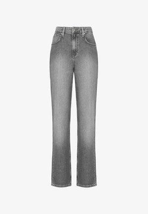 Grå denimjeans med høj talje, lige ben, forreste knaplukning, bæltestropper samt lommer foran og bagpå.
