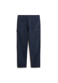 Navy blue cotton canvas pants with a straight leg, two back pockets, one side pocket, and a small logo patch on the rear.