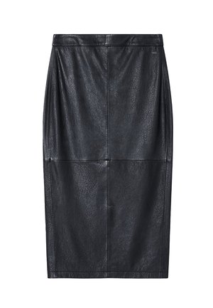 Gonna a matita in pelle nera con texture liscia, design fino al ginocchio e dettaglio con cucitura frontale. Presenta una vita alta con hardware minimale.