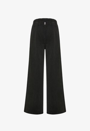 Musta leveälahkeinen farkut, jossa on joustava vyötärö, sileällä pinnalla ja yksinkertaisella, koristelulta vapaalla muotoilulla.