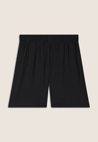 Pantaloni corti neri con elastiche in vita, caratterizzati da una vestibilità ampia e gambe dritte. Realizzati in tessuto morbido e leggero senza motivi visibili.