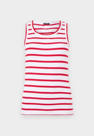 Ærmeløs hvid tanktop med horisontale røde striber og rund halsudskæring, vist på en ensartet lys baggrund.