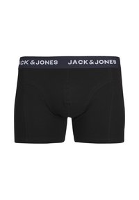 Black boxer shorts made of cotton with a navy elastic waistband featuring white "JACK & JONES" branding. Smooth texture, fitted design.