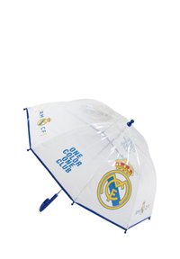 Transparante paraplu met blauwe rand, voorzien van Real Madrid-logo's en de tekst "Één kleur, Één club" gedrukt op het doek.