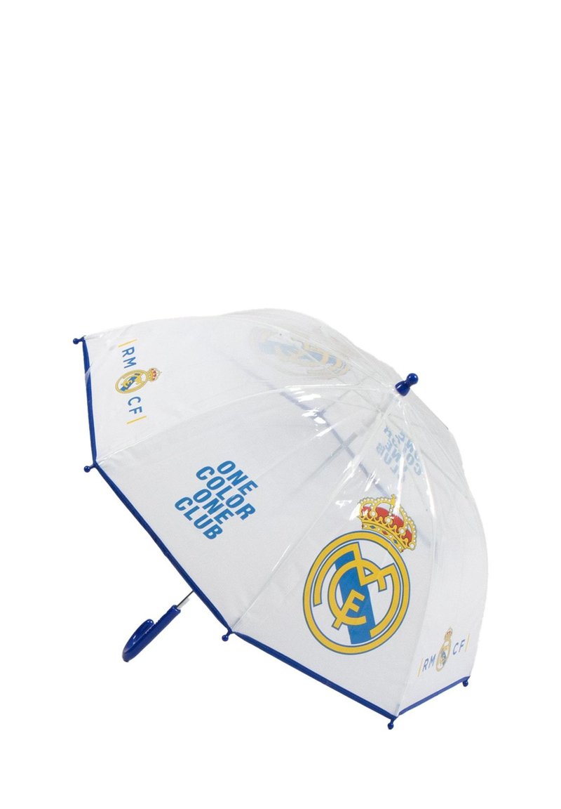 Transparante paraplu met blauwe rand, voorzien van Real Madrid-logo's en de tekst "Één kleur, Één club" gedrukt op het doek.