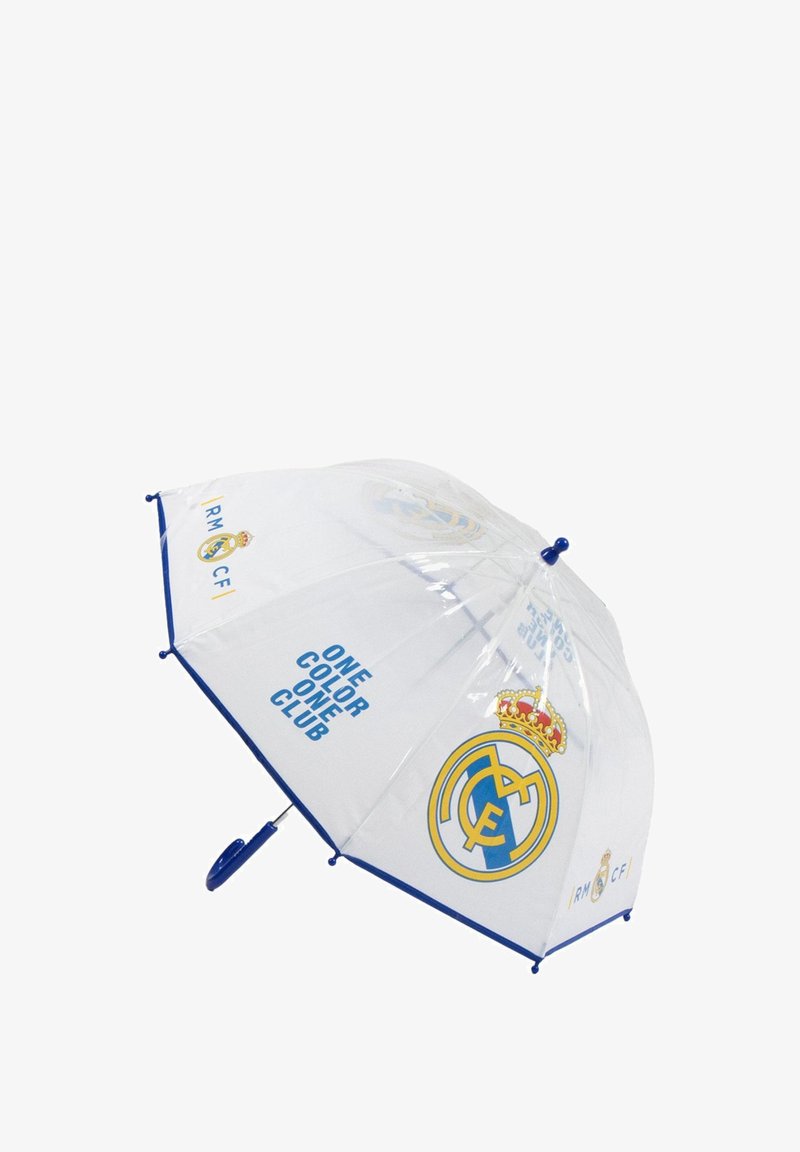 Transparante paraplu met blauwe rand, voorzien van Real Madrid-logo's en de tekst "Één kleur, Één club" gedrukt op het doek.