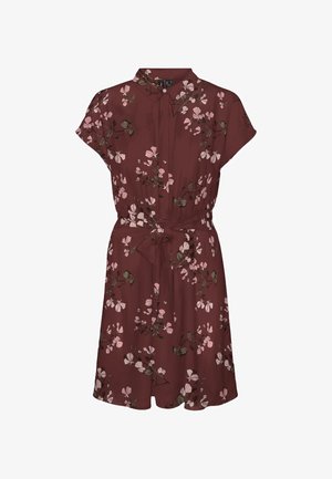 Lühikeste varrukatega bordoopunane kleit roosa lillemustriga, krae, nööpidega ees ja vöökandega vöö.