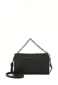 Schwarze Lederhandtasche mit strukturierter Oberfläche, ausgestattet mit einem Kettenriemen und einer Fronttasche. Inklusive verstellbarem Riemen für Vielseitigkeit.