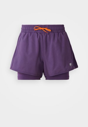 Vijolične športne hlače z elastiko v pasu, oranžno vrvico in notranjo podlogo. Gladka tekstura, z logotipom na strani.