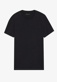 Maglietta nera in cotone con maniche corte, scollo rotondo e design semplice. Nessun motivo, dettaglio o accessorio visibile.