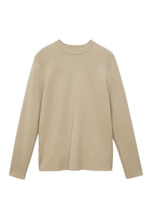 Beige långärmad tröja i mjukt stickat material, med rund halsringning och en avslappnad passform med rak nederkant. Ingen mönster eller dekorationer.