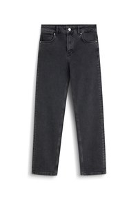 Czarne dżinsy z denimu o prostym kroju nogawek. Posiadają pięć kieszeni, metalowe zapięcie na guzik oraz delikatne przetarcia wzdłuż pasa.