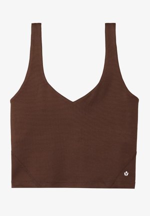 Brun sports-BH med V-hals design, laget av glatt, elastisk stoff. Den har brede stropper og en liten logo på kanten.