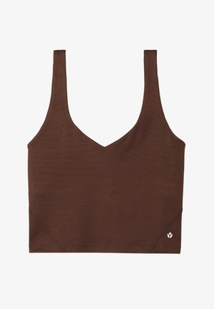 Soutien-gorge de sport marron avec un design en V, fabriqué à partir d'un tissu lisse et extensible. Il dispose de larges bretelles et d'un petit logo en accent sur l'ourlet.