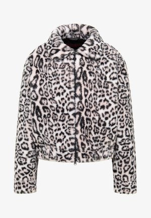 Faux fur leopard print jacket in pink and black hues, cropped design with a collar, zip closure, and elastic waistband for a fitted silhouette.