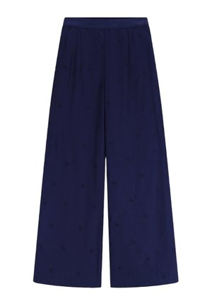 Brede broekspijpen in navy blauwe stof, met een subtiele geborduurde patroon, elastische tailleband en een gladde textuur.