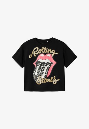 Maglietta nera a manica corta con una grande grafica di una lingua a stampa leopardata in rosa e bianco, con il testo "Rolling Stones" in oro.