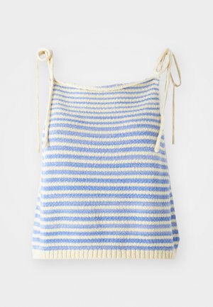 Top lavorato a maglia con righe orizzontali blu e crema, con lacci regolabili sulle spalle e orlo a coste. Texture morbida.