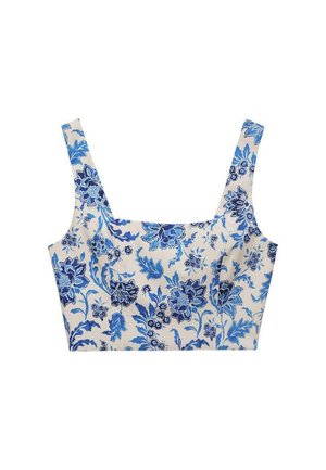 Bloemen crop top in witte stof met blauwe bloemenpatronen. Vierkante halslijn, brede schouderbanden en een aansluitend ontwerp. Gladde textuur.