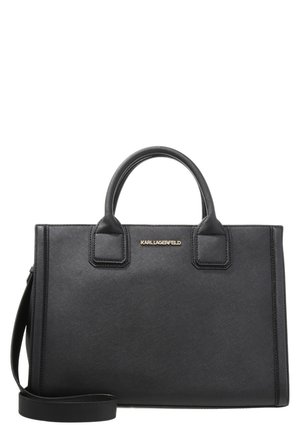 Sac à main rectangulaire en cuir noir avec deux poignées, une bandoulière amovible et un logo doré "Karl Lagerfeld" sur le devant.