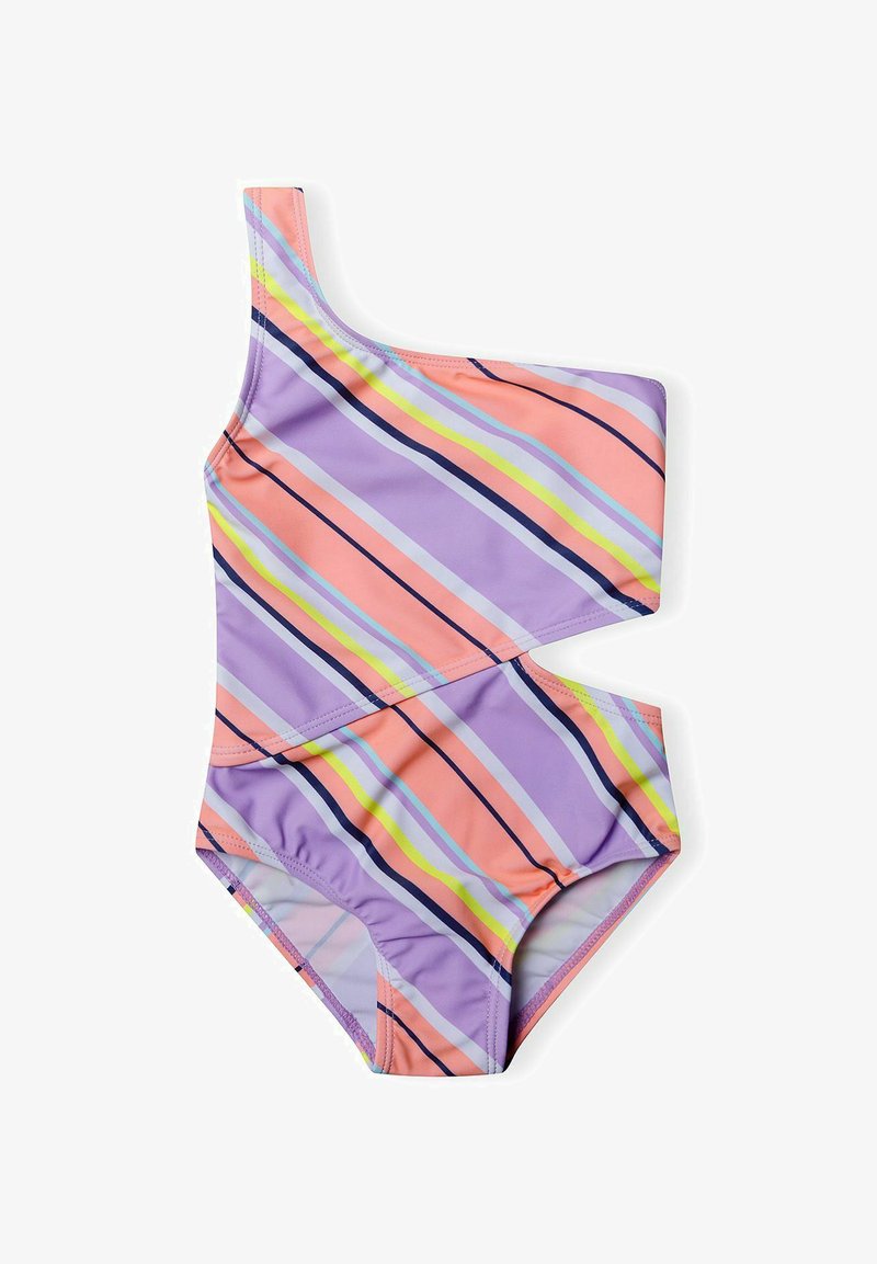 Viena pleca peldkostīms, izgatavots no elastīga auduma. Iezīmēts ar diagonālām svītrām lavandas, persiku un gaiši dzeltenā krāsā. Asimetriska dizaina ar oderētiem elementiem.