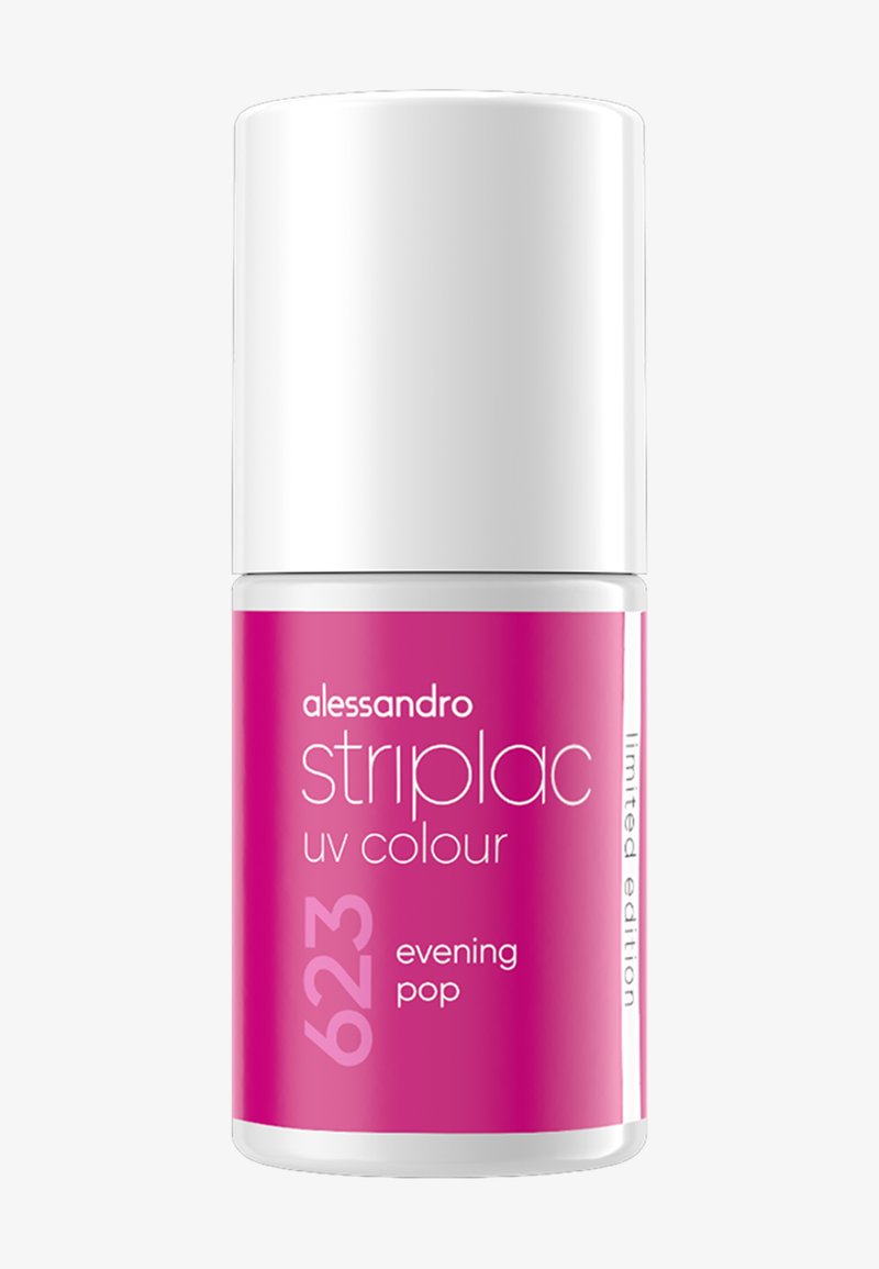 Flacon de vernis à ongles rose portant l'étiquette "alessandro striplac uv colour 623 evening pop", bouchon blanc, texte édition limitée sur le côté.