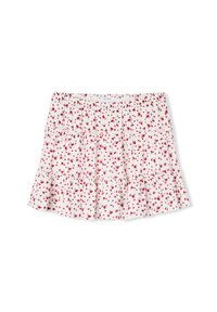 Gonna bianca con motivo floreale rosso, con orlo a ruffles e cintura elastica. Realizzata in tessuto leggero per il massimo comfort.