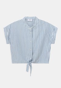 Crop top con bottoni e maniche corte in un motivo a quadretti blu e bianchi, caratterizzato da un piccolo nodo legato al centro in basso.