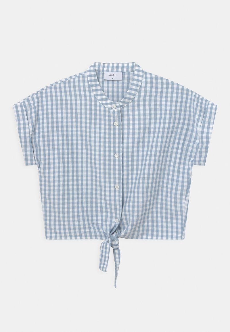 Crop top con bottoni e maniche corte in un motivo a quadretti blu e bianchi, caratterizzato da un piccolo nodo legato al centro in basso.