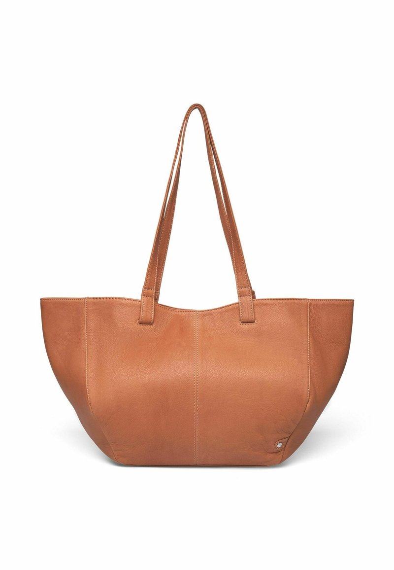 Borsa tote in pelle marrone chiaro con due manici lunghi, forma arrotondata, texture liscia e dettagli di cucitura sottili. Nessuna ferramenta o accenti visibili.