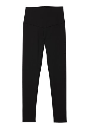 Leggings noirs fabriqués dans un matériau extensible avec un design taille haute et une texture lisse. Pas de motifs visibles ni de détails matériel.
