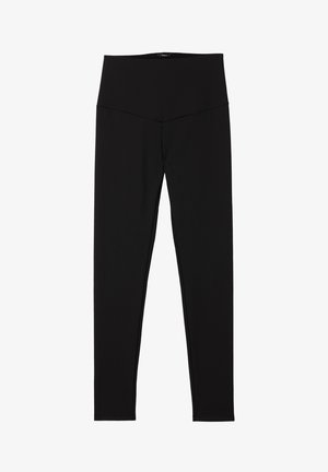 Black leggings made from stretchy material with a high-waisted design and smooth texture. No visible patterns or hardware details.