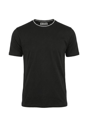 T-shirt nera a maniche corte con collo a girocollo, rifinitura bianca sul colletto, davanti semplice e etichetta del marchio "Richmond" all'interno del colletto.