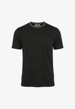 T-shirt nera a maniche corte con collo a girocollo, rifinitura bianca sul colletto, davanti semplice e etichetta del marchio "Richmond" all'interno del colletto.