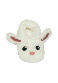 Witte pluizige pantoffel met een konijnenontwerp, voorzien van zwarte ogen, een roze neus en roze accenten op de oren, met een zachte textuur.