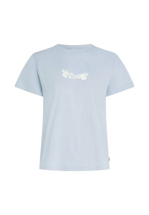 Jasnoniebieski bawełniany t-shirt z okrągłym dekoltem i krótkimi rękawami. Z przodu znajduje się biały kwiatowy napis "O'Neill".